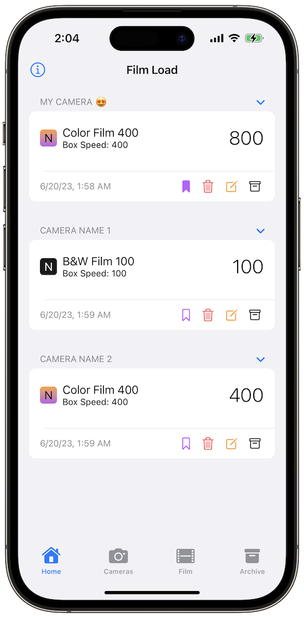 A Screenshot of Film Load App home screen. Where the app stores film name, film type, box speed and chosen rating of film, for each camera.