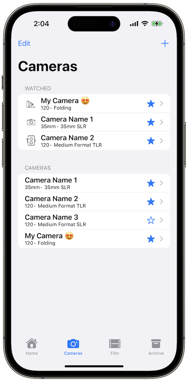 A Screenshot of Film Load App camera input. A user can add multiple cameras into the app to track their film load.