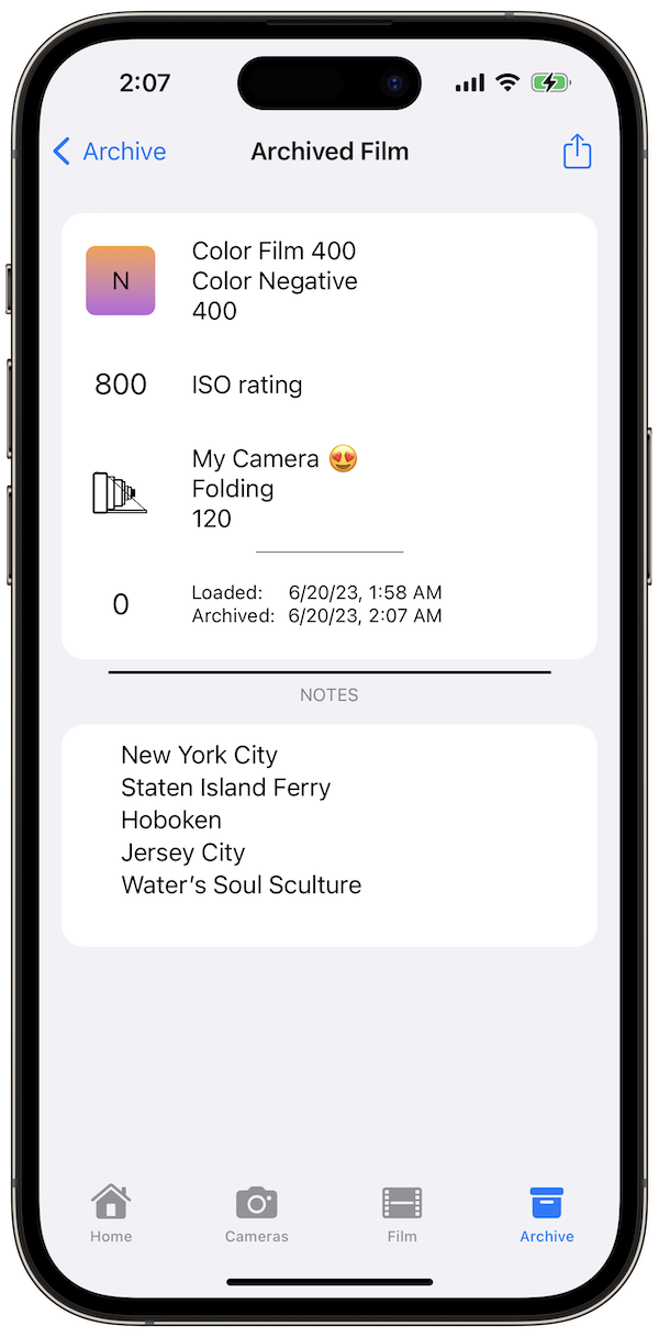 A Screenshot of Film Load App archive screen. A user can archive each film load and notes, readily available to the user of past rolls.